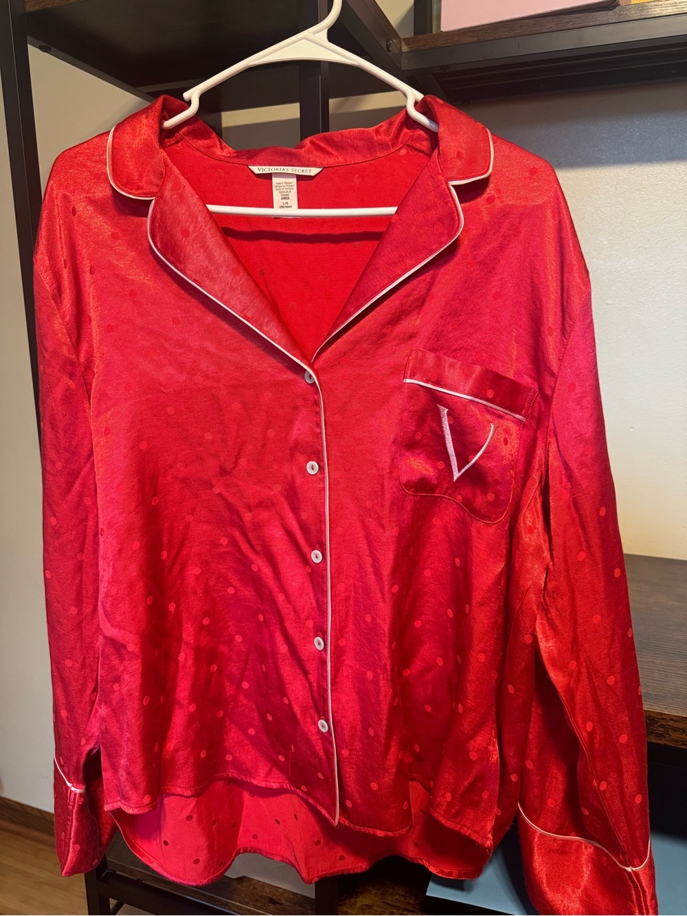 Victoria's Secret Red Satin Pajama Shirt with White Piping